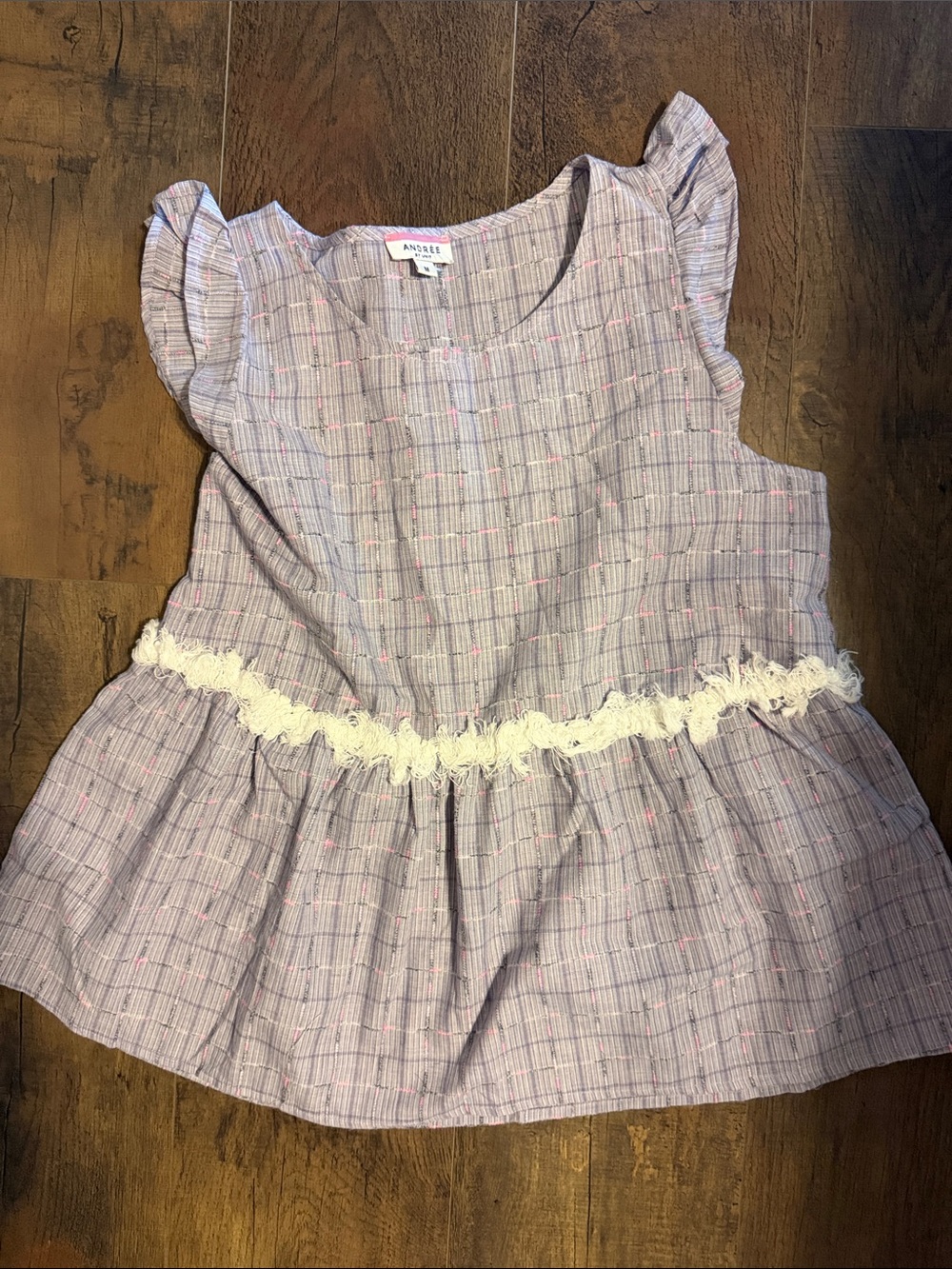 Andree Lavender Plaid Peplum Tank with Cream Fringe